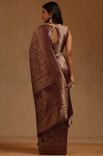 Soch Womens Wine Tussar Floral Zari Woven Saree