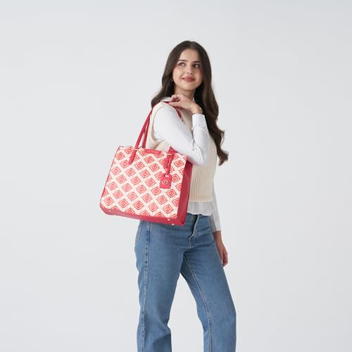 Caprese Shibori Large Tote Bag for Women | Printed Faux Leather Shoulder Bag with Multi-Compartments | Zipper Closure | Includes Detachable Charm | Stylish Everyday Bag (Pink)