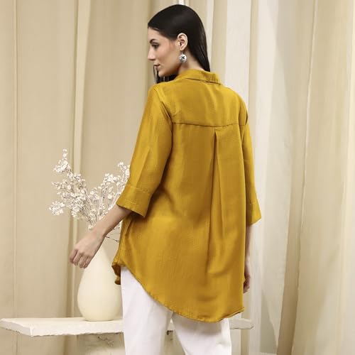 BIBA Women Ochre Yellow Dyed High-Low Shirt_34