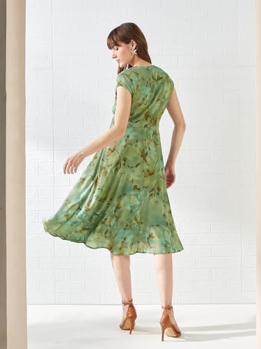 Latin Quarters Women's Green Cap Sleeves V-Neck Printed Casual Midi Dress_M