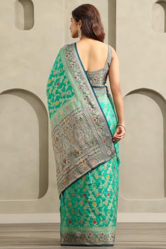 Soch Womens Teal Viscose Botanical Zari Woven Saree With Stone Work