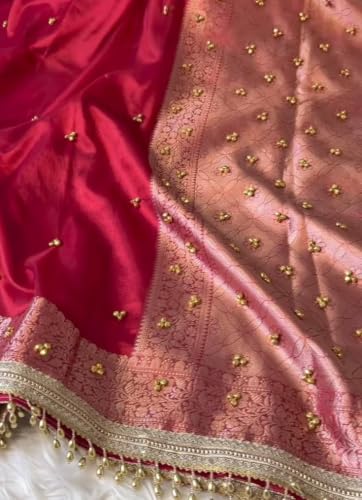 Red Saree with Ghungroo Detailing and Gold Zari Border