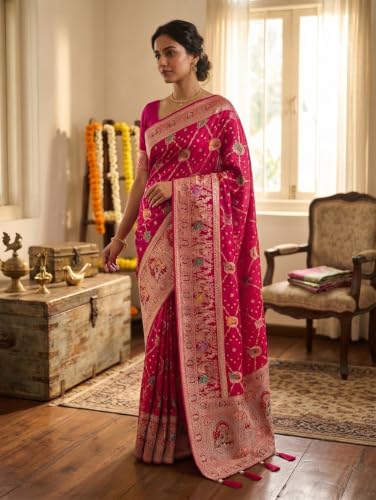 BHARTI COLLECTIONS Premium Women's Banarasi Style Art Silk Saree with Rich Zari Woven Border & Designer Pallu, Traditional Wedding, Bridal, Reception, Festive Party with Blouse Piece (Pink)