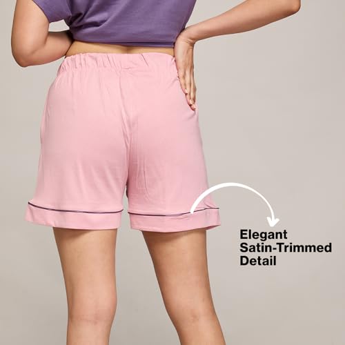 NYKD (NYS912 Soft Cotton Modal Shorts for Women | Relaxed Fit with Non Slip Elasticated Waistband, Adjustable Drawcord & 2 Side Pockets | Ideal for Night, Lounge Pink