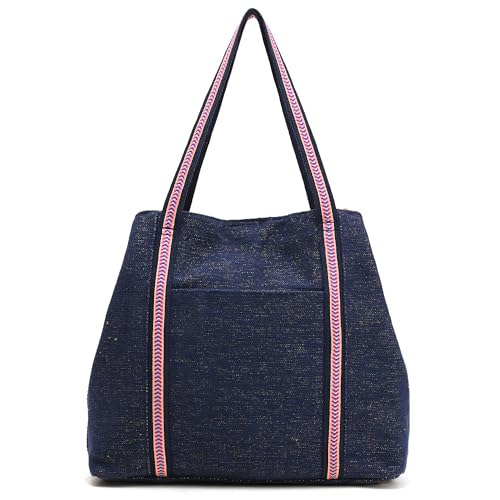 Boho Girl Rainbow Waves Embellished Tote | Hand Beaded Navy Blue Jacquard Tote | Handicrafted Bag for Women | Multicolour Bead Embellished Handbag | Birthday Gifts for Sisters | Handbag for Office