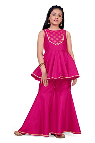 Fashion Dream Girl's Silk Blend Top With Sharara Set (FDGSET00028 PNK 36_Pink_11 Years-12 Years)