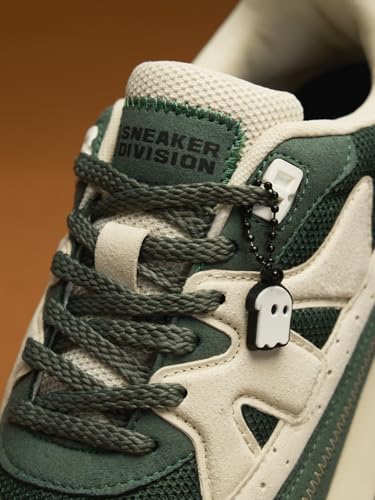 The Souled Store Milano: Olive Women and Girls Low Top Sneakers Olive and Off-White Retro Trainer Microfibre Suede and Engineered Mesh Cushioned Sole Chunky Retro Sneakers