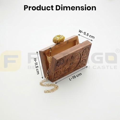 FITTINGO Wooden Clutch Purse for Women 11.5 x 5.5 x 19 cm | Rectangular Handcrafted Wooden Purse Bag with Chain | Stylish Hard Wood Clutch for Party Wedding Casual Use Premium Wooden Handbag- Model 3