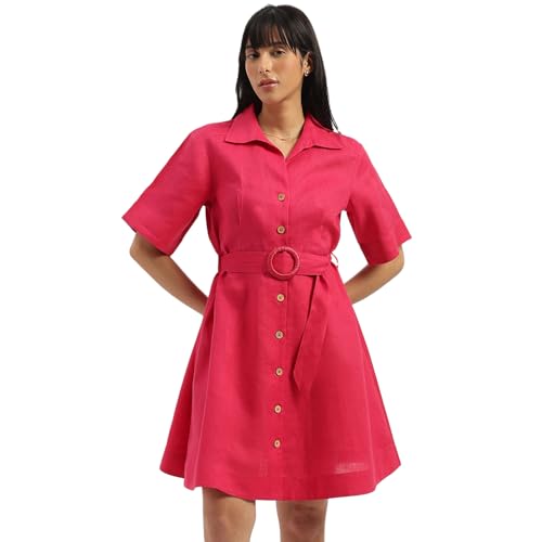UNITED COLORS OF BENETTON Shirt Collar Solid A-Line Dress (Size: S)-25P4WVNDR150I02E Pink