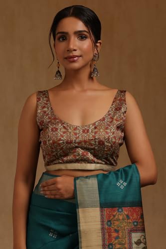 Soch Womens Teal Tussar Botanical Printed Sarees