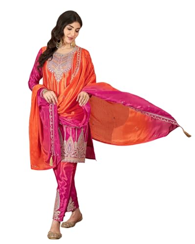 SheWill Rani & Orange Poly Chinon Kurta with Zari, Sequence, Thread & Cording Embroidery, Paired with Pant and Dupatta – A Vibrant Set SHEKS20006_S2P_A