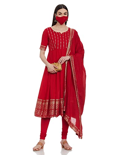 BIBA Women Embroidery Fitted Cotton Blend Salwar Kurta Dupatta(Skd7459E_Red_38)