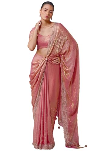 Soch Womens Peach Fendy Organza Embellished Saree With Stone Work