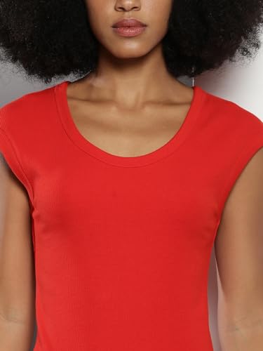 Tommy Hilfiger Cotton Red Solid Round Neck Cap Sleeves Women Slim Rib Dress (S)