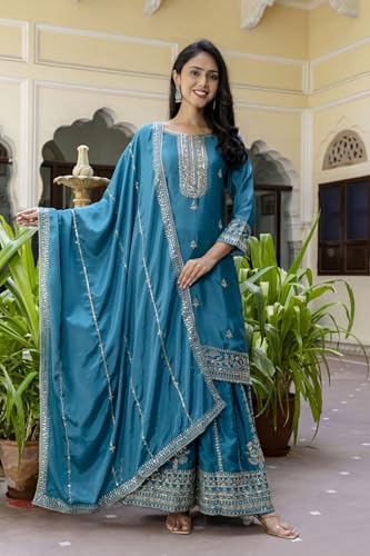 Leeli Peeri Designer Women's Chinon Silk Embroidery Kurta Sharara Set With Dupatta
