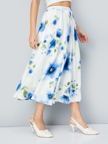 Max Women Floral Print Midi Skirt (Off White_M)