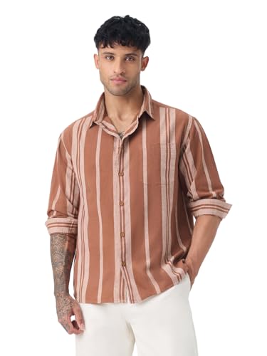 The Souled Store Cotton Linen Stripes: Redwood Men and Boys Long Sleeve Spread Collar Brown Striped Casual Daily Office Wear Lightweight Regular Fit Cotton Linen Shirt