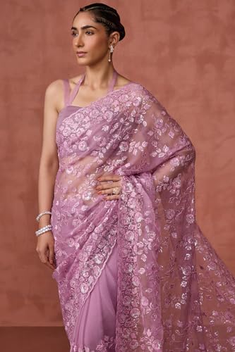 Soch Womens Light Lavender Georgette Embroidered Saree