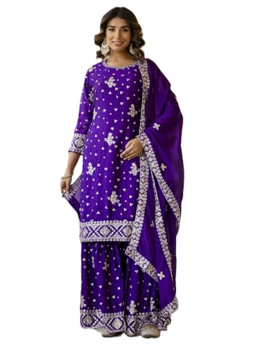 Leeli Peeri Designer Women's Chinon Embroidery Work Kurta Sharara Set With Dupatta