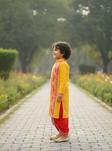 NEEDLE GO TRADITIONAL Boys Cotton Jamdani Kurta with Silk Dhoti Set, Traditional Indian Ethnic Wear, Full Sleeve, 2-14 Years, All Festival, 2 Piece Set for Festivals (YELLOW, 2-3 YEAR)