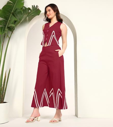 DEEBACO Women's Solid Lycra Ankle Length Waist Coat with Palazzo|Cord Set for Women Fashion|Long Jumpsuits Western Dress for Women Stylish|Two Piece Co ord Set|Casual Wear(DBCO00002277_M_Maroon)