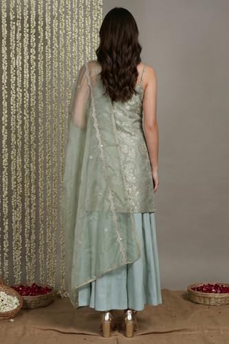 W for Woman Green Self Design Jacquard Zari Straight Kurta with Sharara and Dupatta - (WS13236-314550-M)