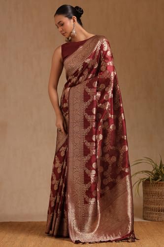 Soch Womens Maroon Tussar Floral Print Saree With Zari Woven