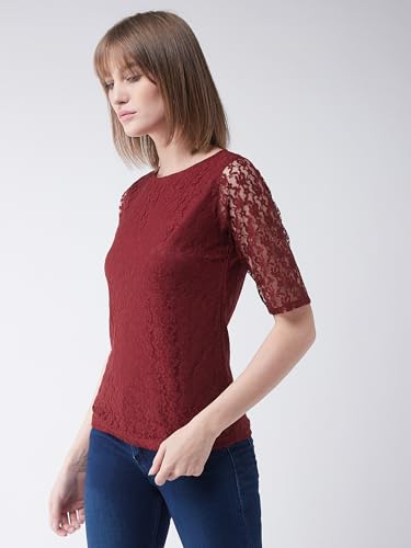 Miss Chase Women's Round Neck Half Sleeves Basic Lace Crop Top (MCAW25DEN63-03-616-03, Bright Maroon, S)