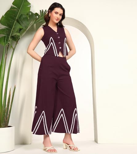 DEEBACO Women's Solid Lycra Ankle Length Waist Coat with Palazzo|V-Neck|Cord Set for Women Fashion|Long Jumpsuits Western Dress for Women Stylish|Two Piece Co ord Set|Casual Wear(DBCO00002278_L_Wine)