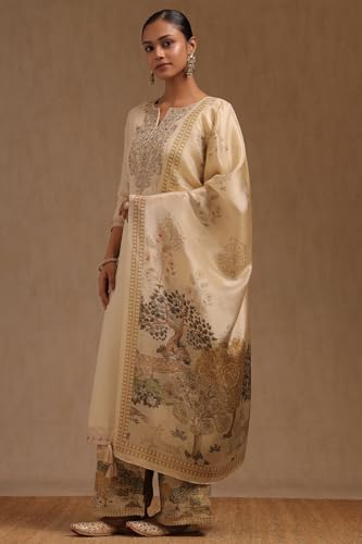 Soch Womens Beige Tissue Suit Set With With Beads and Stones