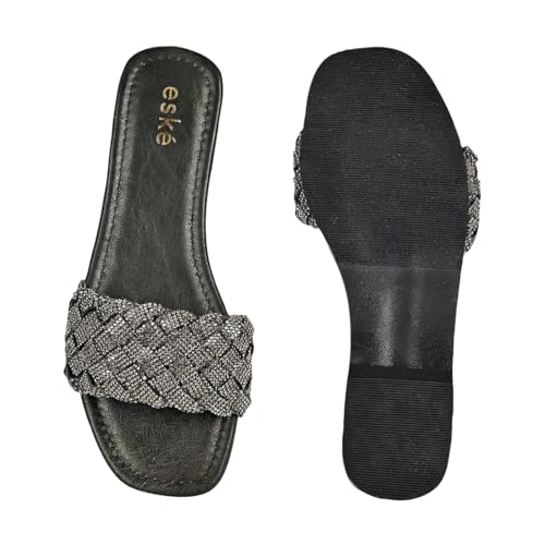 eske Trudy Embellished Woven Strap Slip-On Sandals | Flat Glitter Slides with Comfortable Leather Insole | Textured TPR Sole | Everyday Ethnic & Casual Footwear for Women & Girls (Pewter, UK Footwear Size System, Adult, Women, Numeric, Medium, 4)