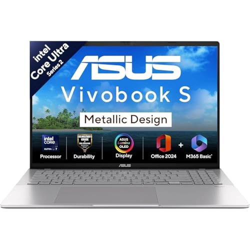 ASUS Vivobook S16 OLED, Intel Core Ultra 7 255H, 16GB RAM, 512GB SSD, 16", Win11, Office 2024, M365 Basic(1Year)*, Cool Silver, 1.7Kg, S3607CA-SH077WS, Intel Arc iGPU,Metallic Design Laptop, AI PC