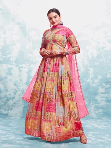 FUSIONIC Elegant Coral Print Gown with Dupatta