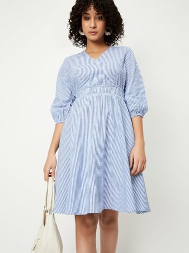 Women Striped Wrap Dress, Blue, M