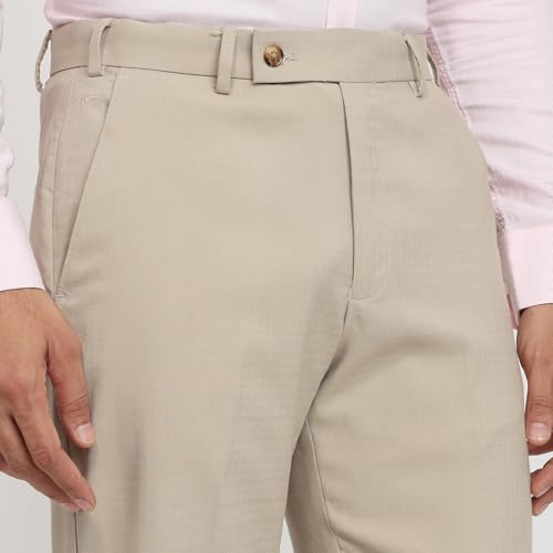 Park Avenue Men Regular Fit Solid Pattern Poly Viscose Blend Flat Front Formal Trouser Fawn