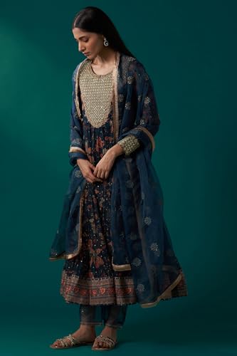 Wishful Women's Teal Floral Printed Metallic Embroidery Anarkali Kurta with Parallel Pants and Dupatta Set (SP12625-125648-M)