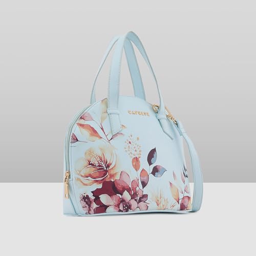 Caprese Alaya Small Satchel Bag for Women | Floral Print Faux Leather Shoulder Bag with Adjustable & Detachable Strap | Versatile Crossbody & Handheld Bag for Work, Travel, and Everyday Use (Blue)