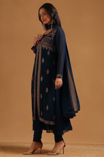Soch Womens Teal Georgette Solid Salwar Suit With Stone Embellished Jacket