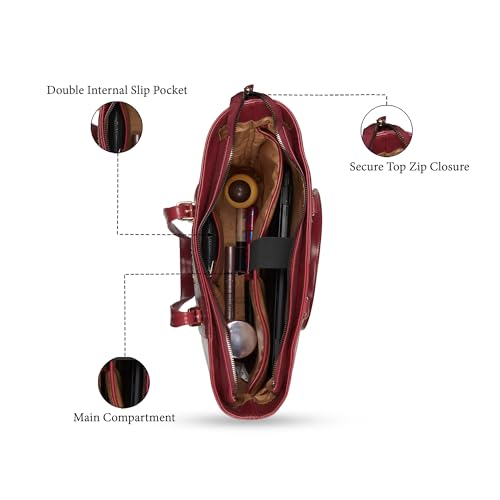 Caprese Macie 16 Inch Large Laptop Compatible Tote Bag for Women | Textured Faux Leather Shoulder Bag with Trolley Sleeve & Zipper Closure | Stylish Office, Work, Travel Handbag (Cherry Lacquer)