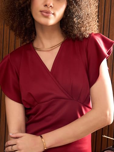 Sassafras worklyf Women Maroon V-Neck Scuba Frill Midi Dress S