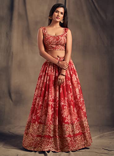 Zeel Clothing Women's Organza Floral White Semi-Stitched Lehenga Choli (7617-Red-Women-Floral-Lehenga-Latest, Corel Red)