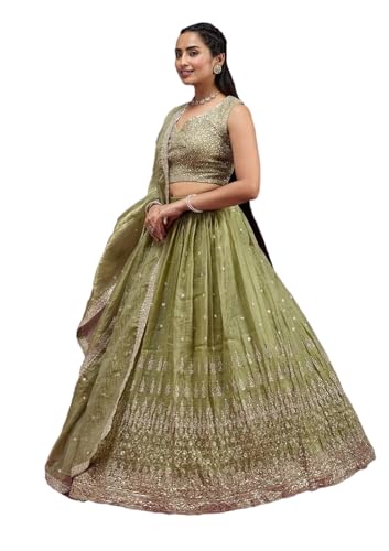 Fab Window Women's Silk Lehenga with Embroidered Unstitched Blouse and Dupatta, Ethnic (Semi Stitched_Free size). (Olive Green)
