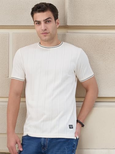 Status Quo Men's Textured Half Sleeves Round Neck Regular Fit T-Shirt with Tipping Details | 52% Cotton 48% Polyester | Off White | M