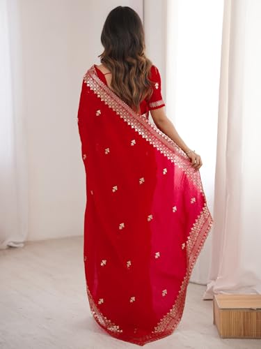 AKHILAM Women's Red Satin Silk Embellished Saree With Unstitched Blouse Piece (KRIYNS5305_KH)