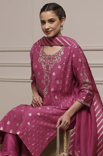 Biba Women's Cotton Jacquard Kurta Set (SKDVRNSI30719AW25PINK_Pink