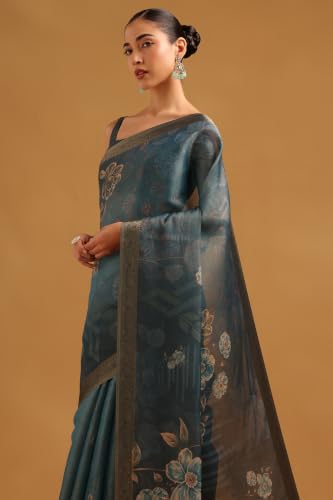 Soch Womens Blue Tissue Botanical Printed Saree