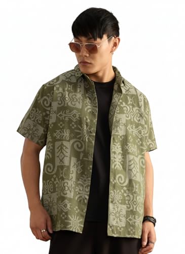 The Souled Store Nomad: Aztec Men and Boys Short Sleeve Spread Collar Green All Over Print Casual Trendy Easy to Style Cotton Relaxed Shirt