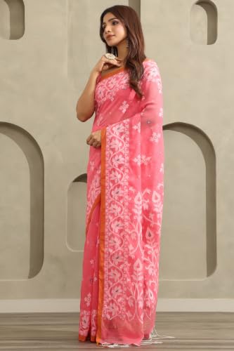 Soch Womens Pink Cotton Jamdani Woven Saree