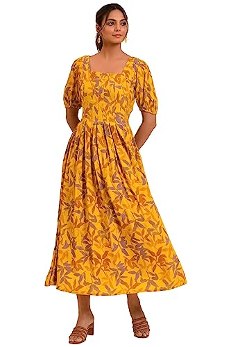 W for Woman Women's Rayon Yellow Pleated Long Summer Maxi Dress Ankle Length 23FEW18822-810315