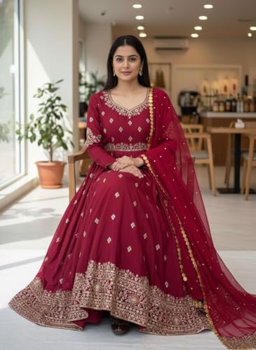 styledaura Women Chinon Silk Embroidered Anarkali Gown with Dupatta | Sequins & Zari Work | Fully Stitched Ethnic Wear | Long Flared Dress (Size-M, Maroon) (in, Alpha, XL, Regular)